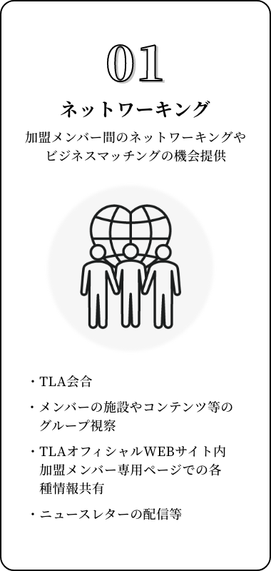 01ネットワーキング 加盟メンバー間のネットワーキングやビジネスマッチングの機会提供 ・TLA会合 ・メンバーの施設やコンテンツ等のグループ視察 ・TLAオフィシャルWEBサイト内 加盟メンバー専用ページでの各種情報共有 ・ニュースレターの配信等