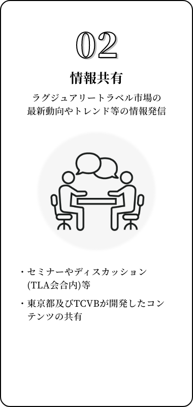 02情報共有 ラグジュアリートラベル市場の最新動向やトレンド等の情報発信 ・セミナーやディスカッション(TLA会合内)等 ・東京都及びTCVBが開発したコンテンツの共有